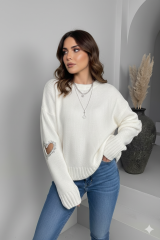 Kolları Kalp Detaylı Triko Kazak Ekru