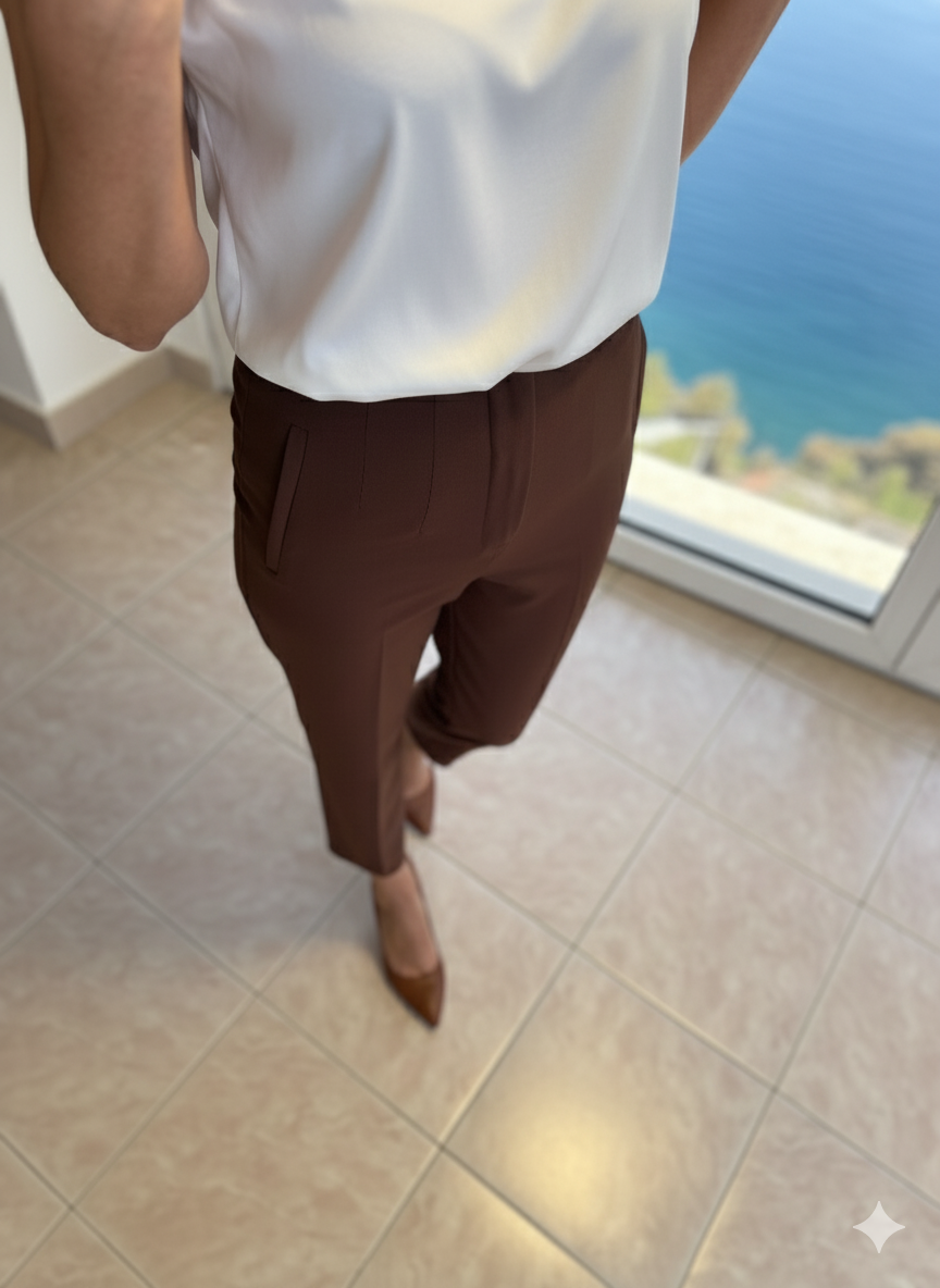 Ironi Pileli Yüksek Bel Pantolon Kahve