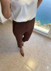 Ironi Pileli Yüksek Bel Pantolon Kahve