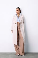 Sateen Kemerli Uzun Trençkot - Taş