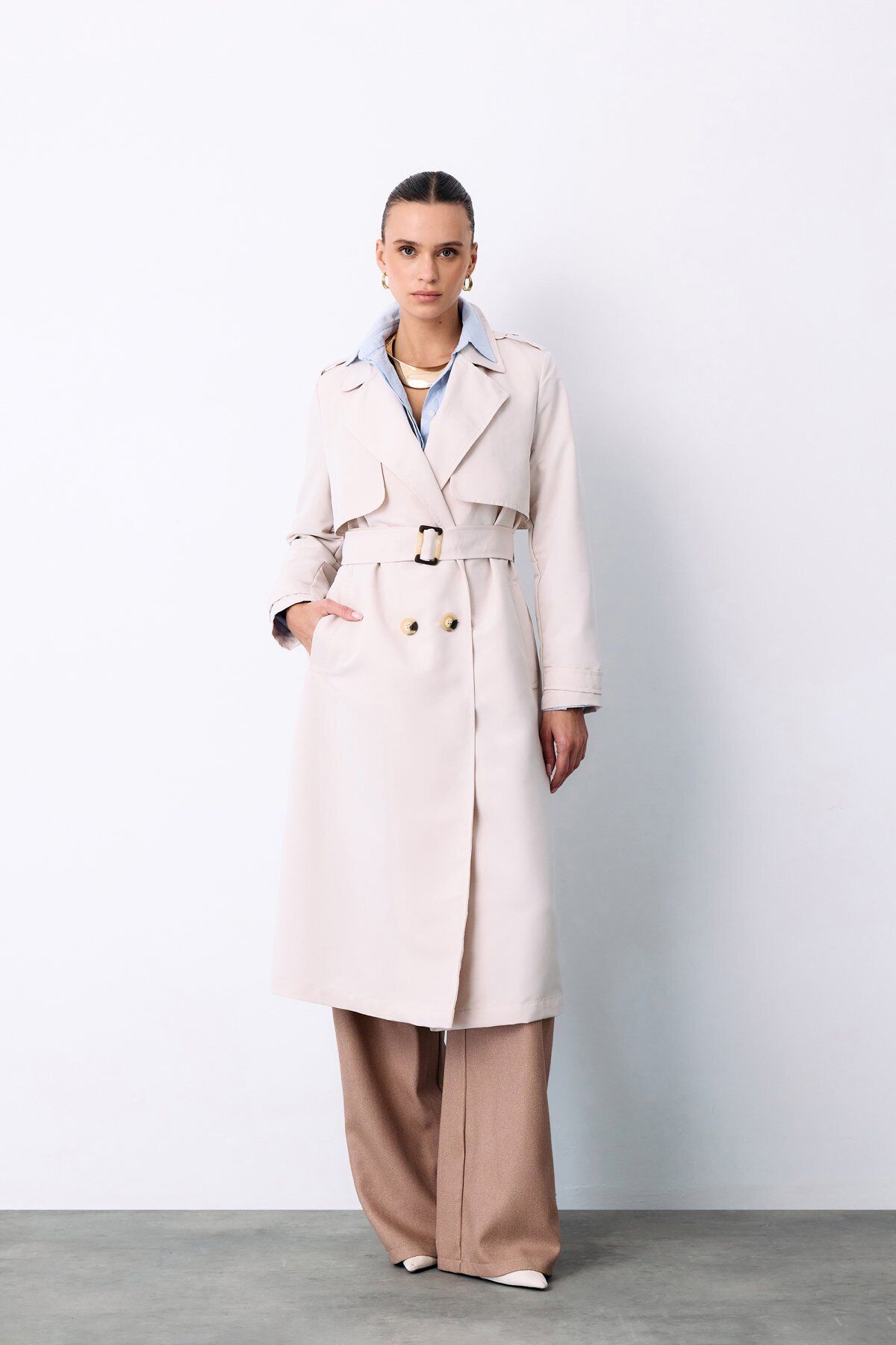 Sateen Kemerli Uzun Trençkot - Taş