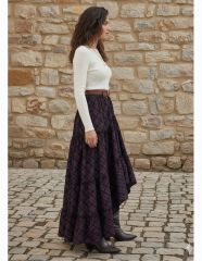 Ekose Desenli Asimetrik Etek Bordo/Siyah