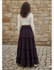 Ekose Desenli Asimetrik Etek Bordo/Siyah