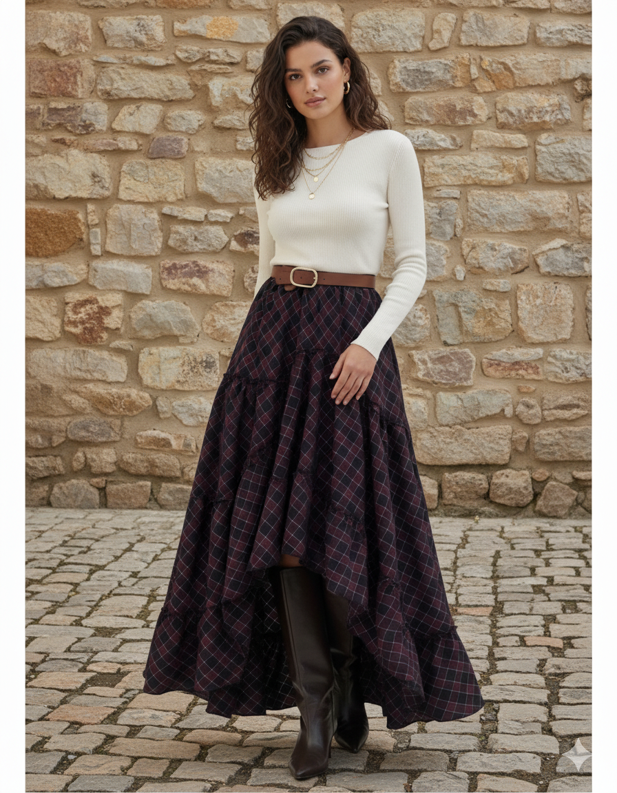 Ekose Desenli Asimetrik Etek Bordo/Siyah